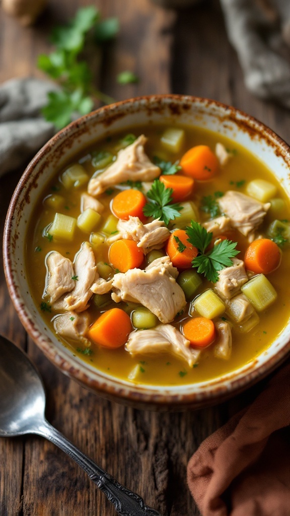 A cozy bowl of chicken soup with turmeric, ginger, carrots, and celery, garnished with parsley, on a rustic table.